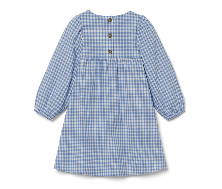 Modré kockované detské tkané šaty s dlhými rukávmi a gombíkmi na chrbte.