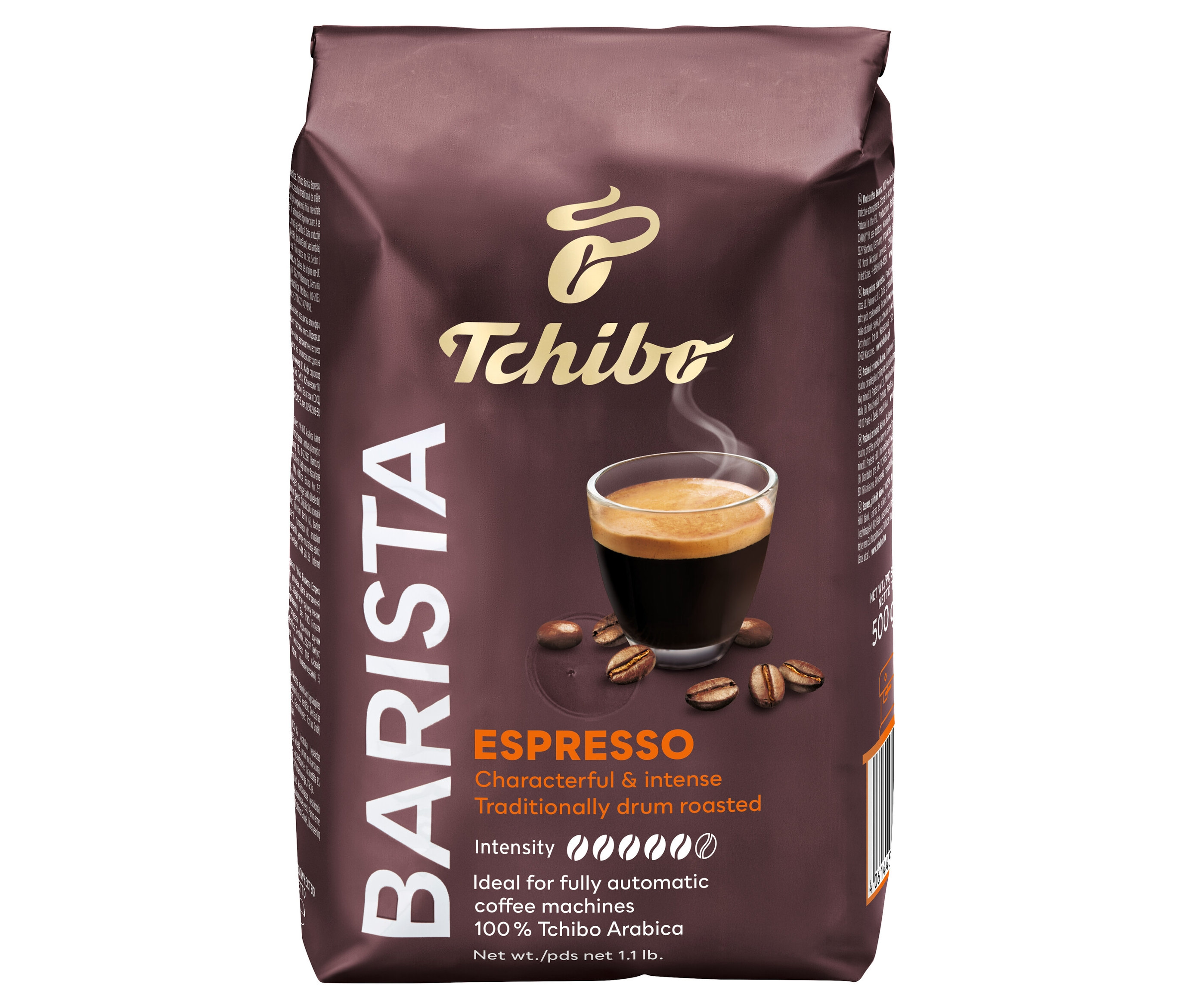 Balenie zrnkovej kávy Barista Espresso od Tchibo. Na obale je šálka espressa a kávové zrná.