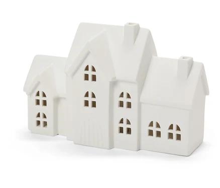 Dekoratívny biely porcelánový domček so štyrmi oknami a komínom.
