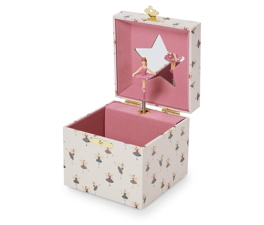 Otvorená hudobná skrinka s baletkou v ružových šatách a zrkadlom v tvare hviezdy.