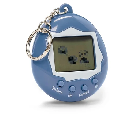 Modrá hračka Tamagotchi s pixelovou grafikou na obrazovke, s tlačidlami Select, OK a Cancel.