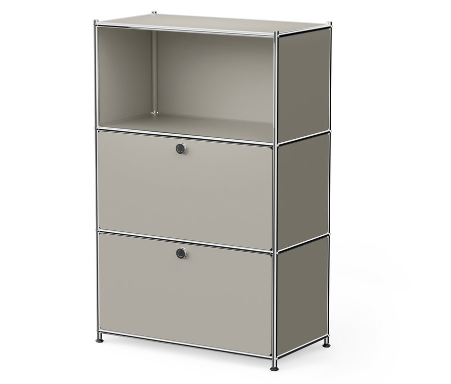 Béžová skrinka s dvoma zásuvkami a jednou otvorenou policou.