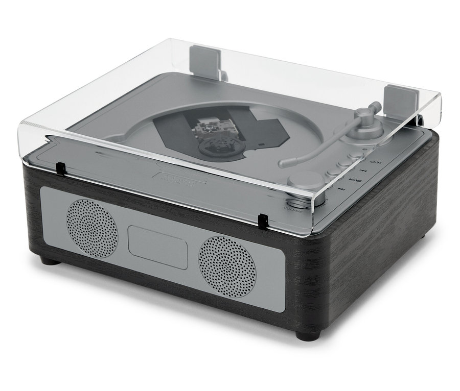 Reproduktor CD/Bluetooth® s priehľadným krytom stojí na bielom povrchu.