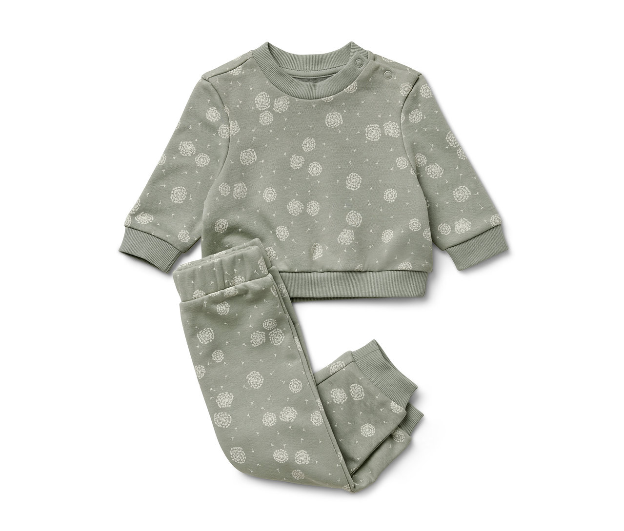 Zelená tepláková súprava s bielou potlačou púpav.