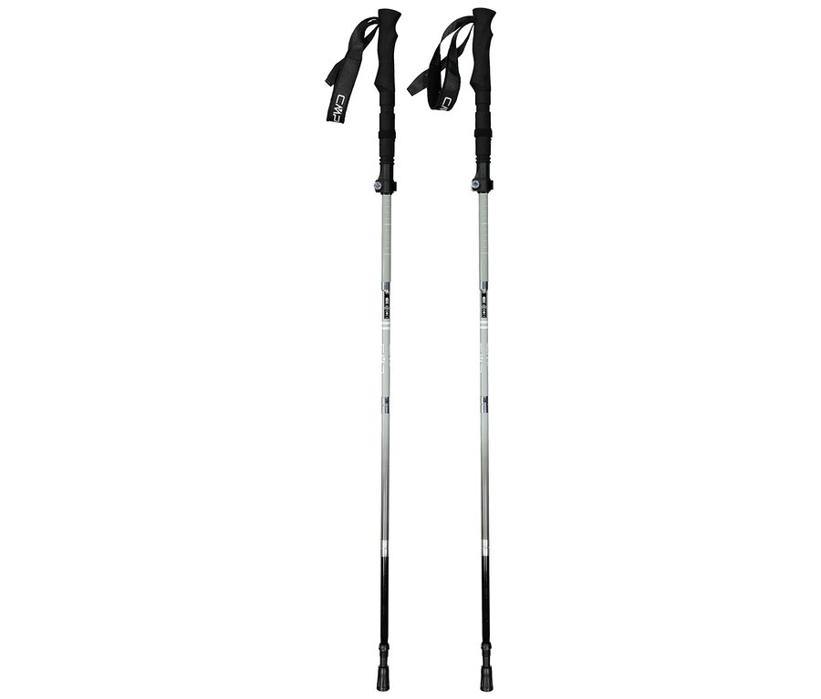 Dve strieborné trekingové palice s čiernymi rúčkami a popruhmi na zápästia stoja na bielom pozadí.