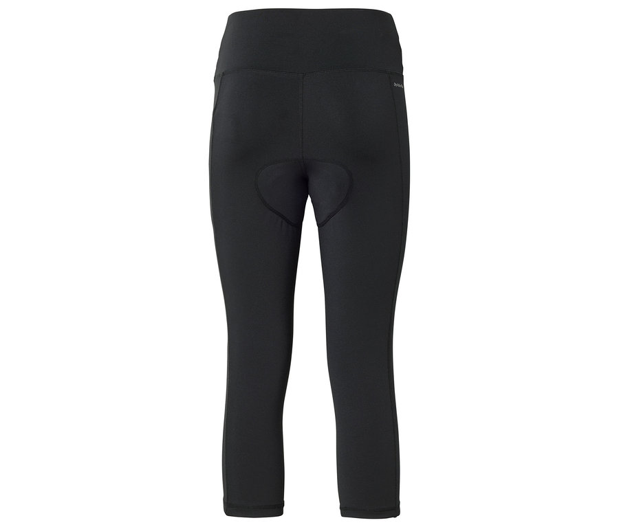 Pohľad zozadu na čierne cyklistické trojštvrťové nohavice s vysokým pásom.