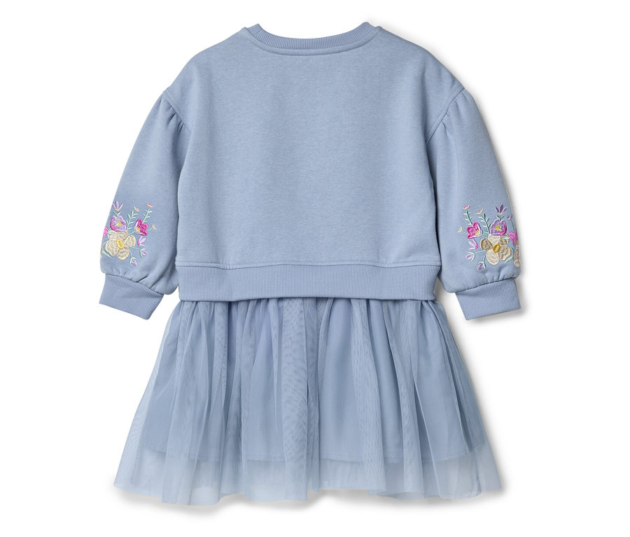 Svetlomodré šaty s tylovou sukňou a kvetinovou výšivkou na rukáve.