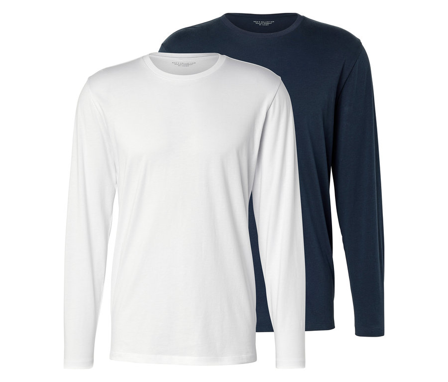 Dve tričká s dlhým rukávom, jedno biele a jedno námornícke modré, ležia na sebe.