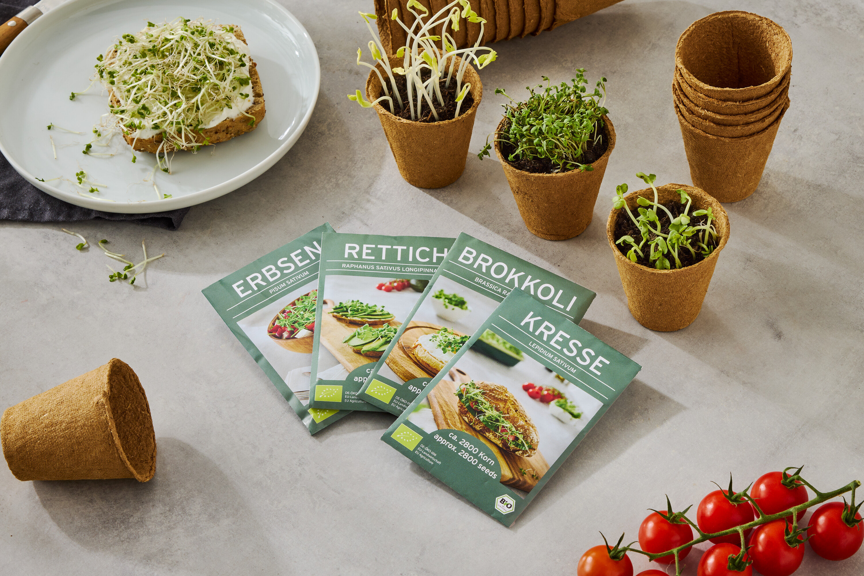 Tanier s chlebom posypaným klíčkami, spolu so štyrmi škatuľami semien (hrach, reďkovka, brokolica, žerucha), malými kvetináčmi s rastúcimi klíčkami a strapcom paradajok.