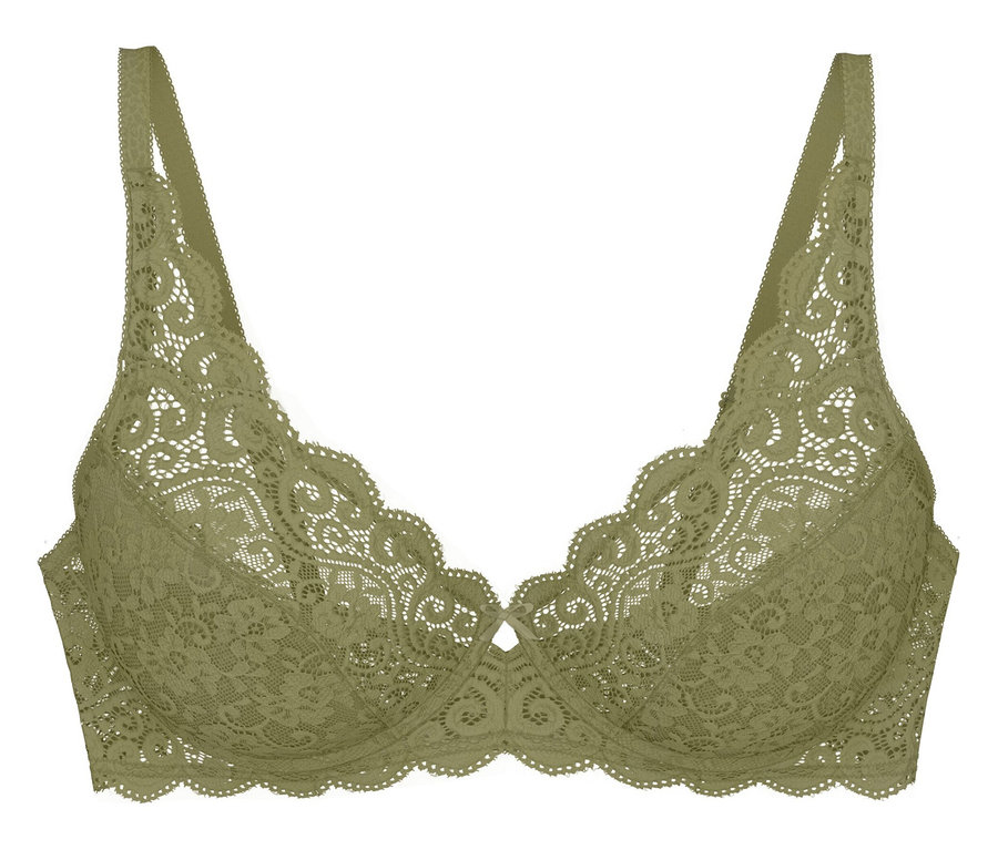 Podprsenka Triumph Amourette Maxi W v olivovo-zlatej farbe, vyrobená z čipky s vlnitými okrajmi a tenkými ramienkami.