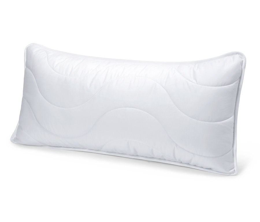 Biely vankúš s možnosťou vyvárania, cca 80 x 40, leží na bielom pozadí.