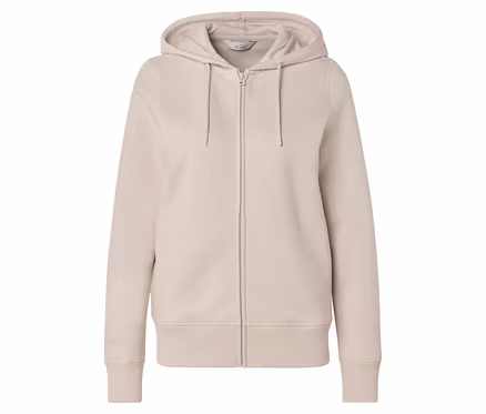 Béžová mikina s kapucňou na zips so sťahovacou šnúrkou na kapucni.
