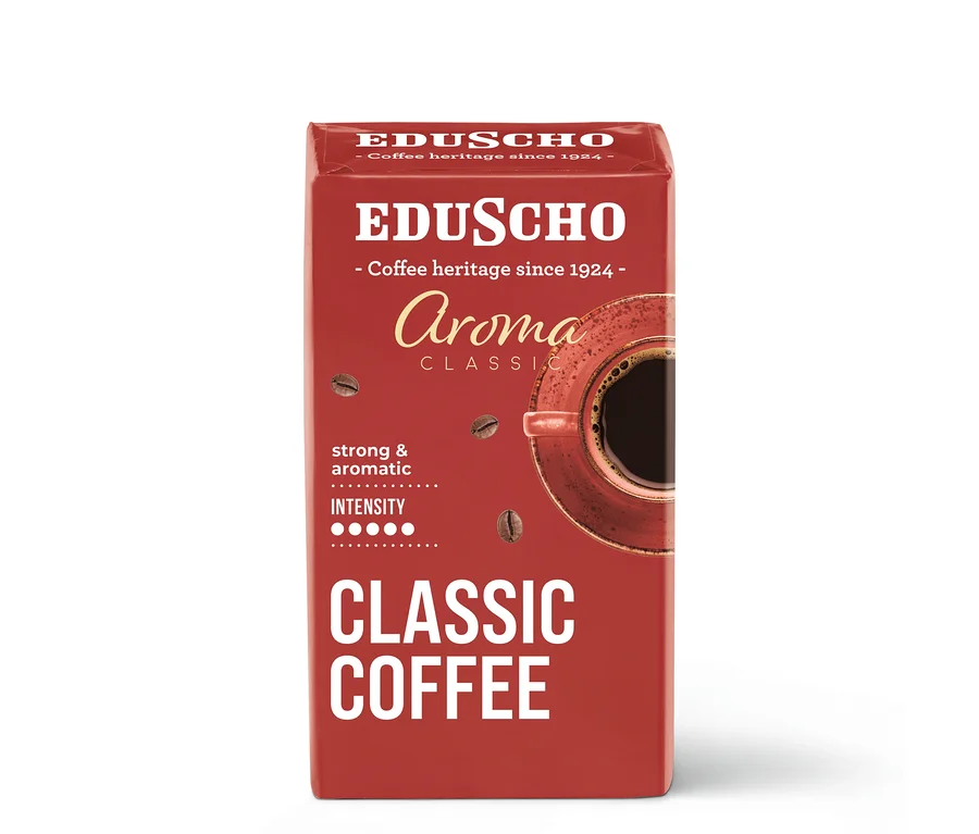 Balenie mletej kávy Eduscho Aroma Classic s obrázkom šálky kávy.