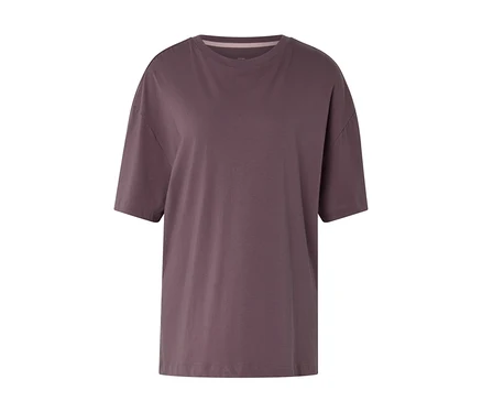 Mauve športové tričko s krátkymi rukávmi, okrúhlym výstrihom a voľným strihom.