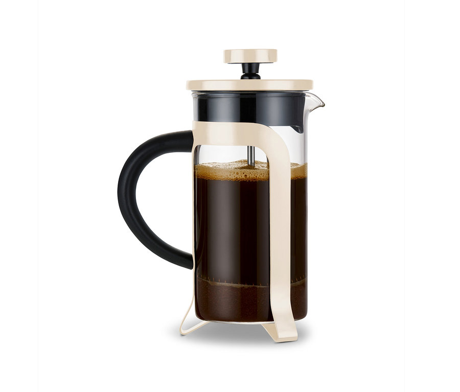 Kanvica french press 300 ml, 2 šálky, béžová s kávou.