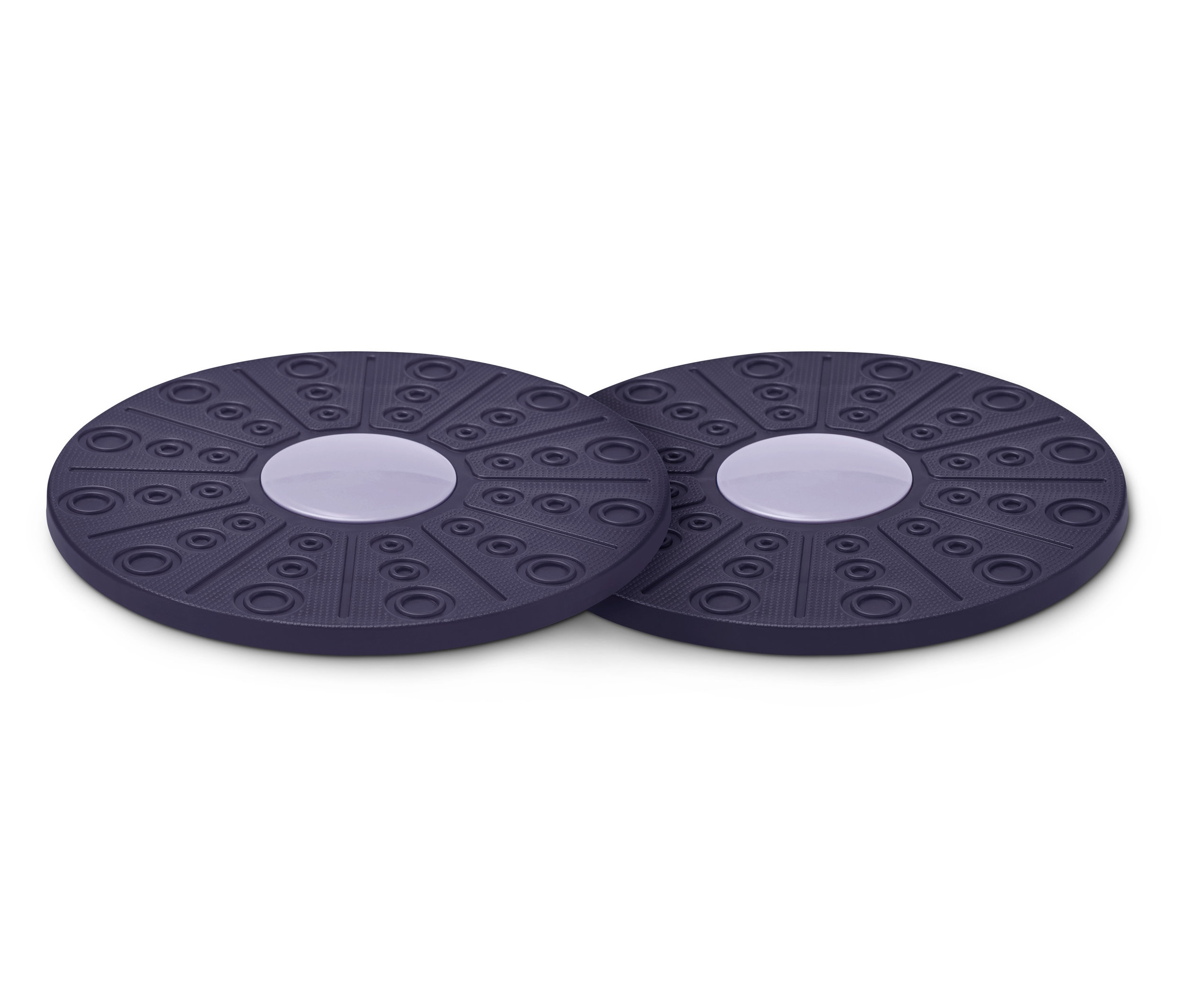 Dve balančné podložky vedľa seba. Podložky sú okrúhle a majú fialovú farbu.