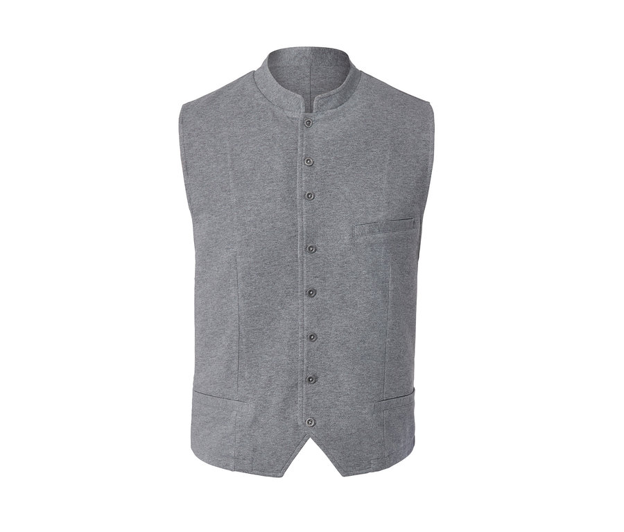 Sivá vesta z teplákoviny s gombíkmi a vreckami.