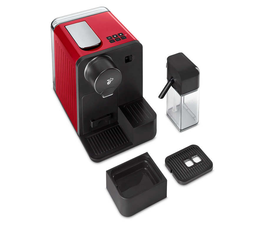 Červený kávovar Cafissimo milk s odnímateľnými časťami.