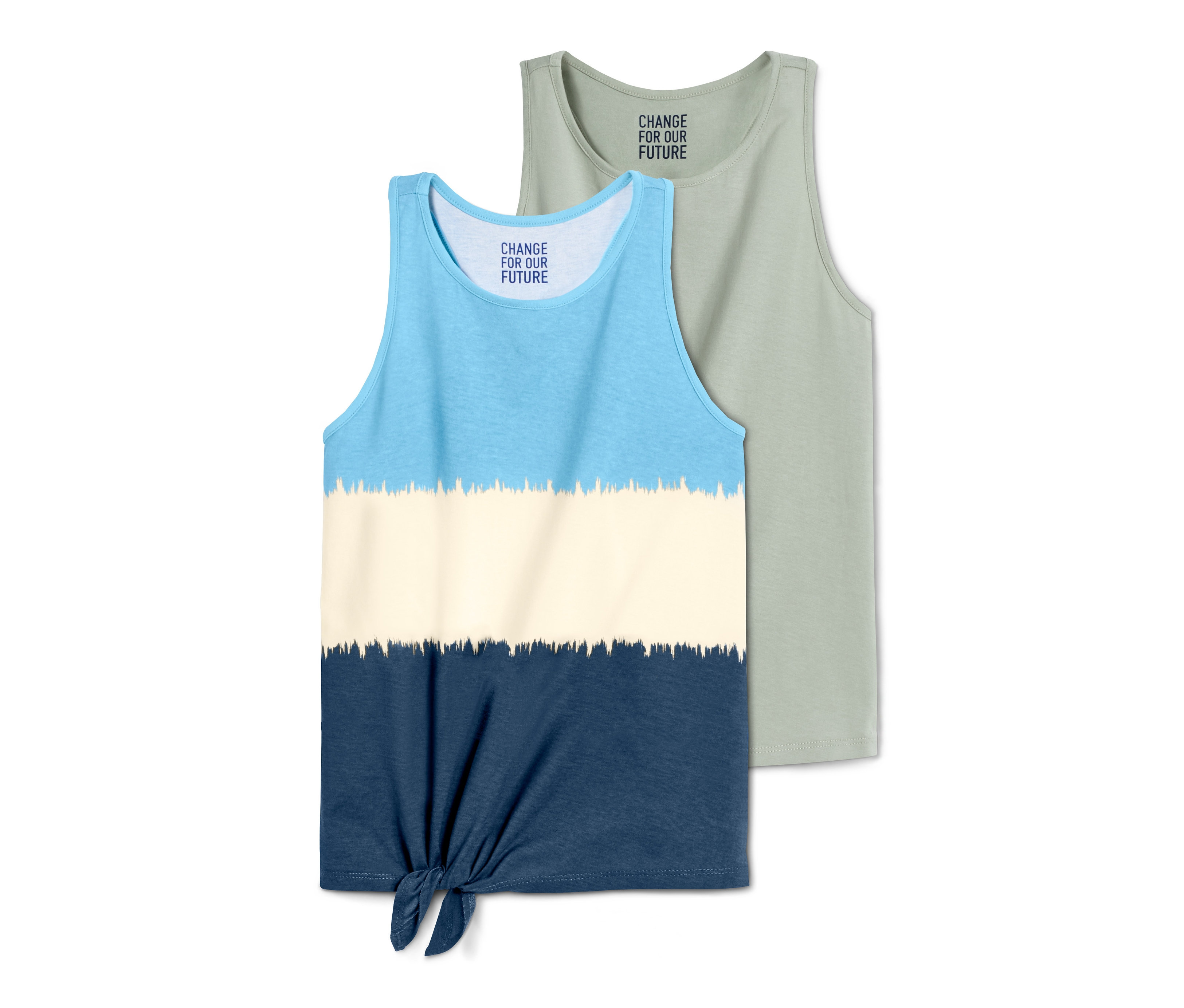 Dve tielka: modro-bielo-modré s uzlom a zelené.