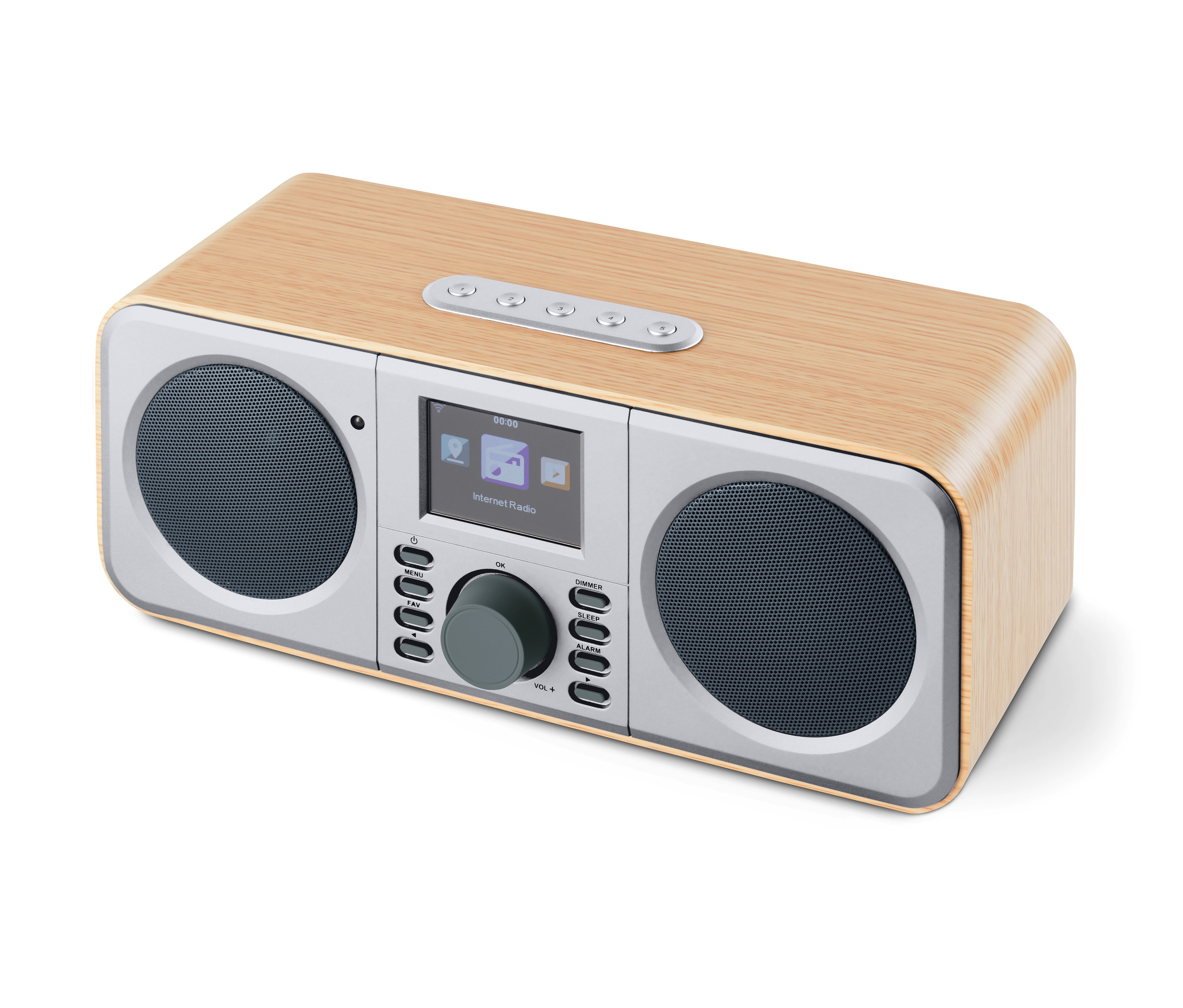 WLAN internetové rádio s farebným displejom v drevenom puzdre.