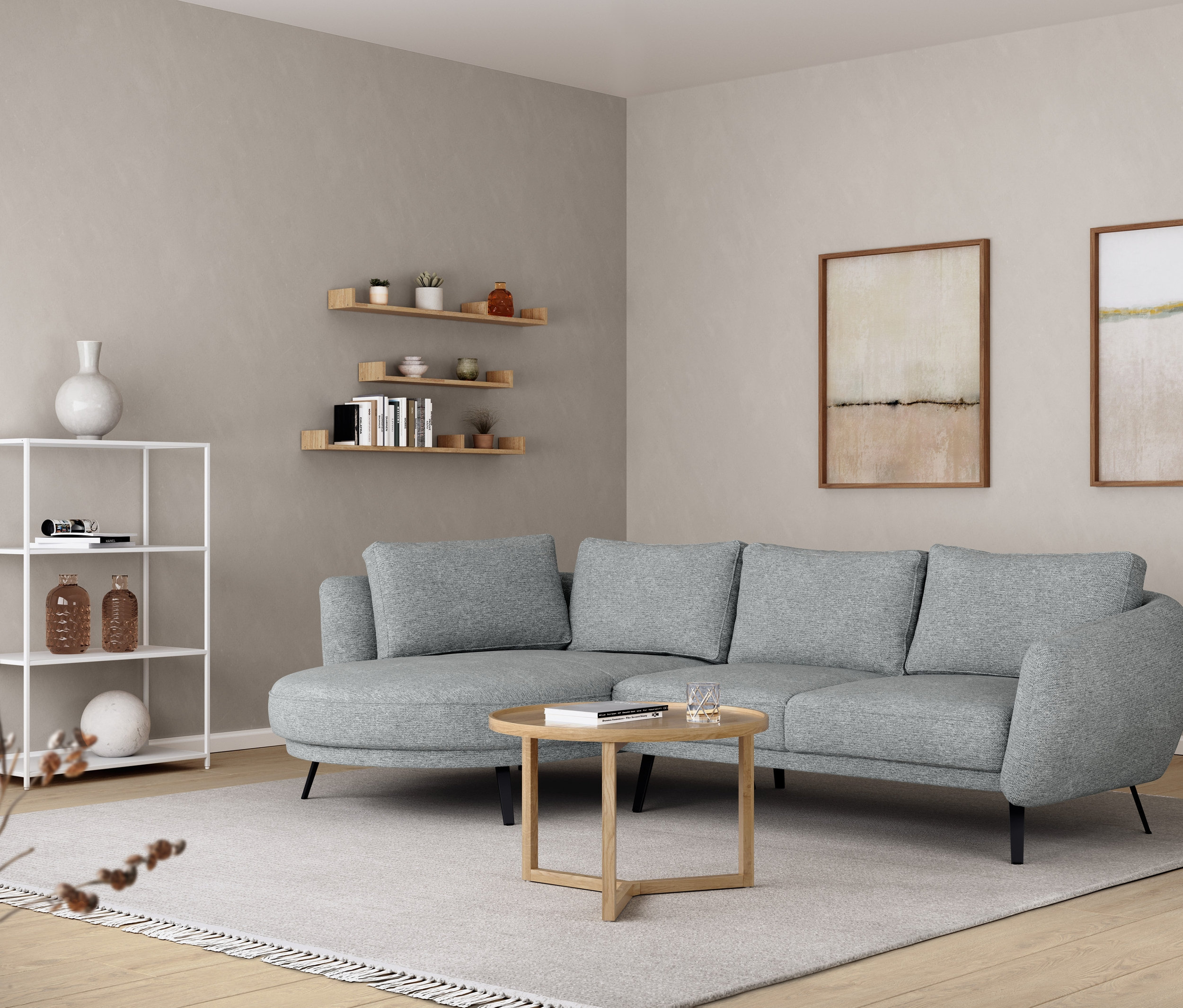 Obývacia izba so sivou pohovkou, okrúhlym konferenčným stolíkom, kovovou konzolou a nástennou poličkou cca 120 cm.