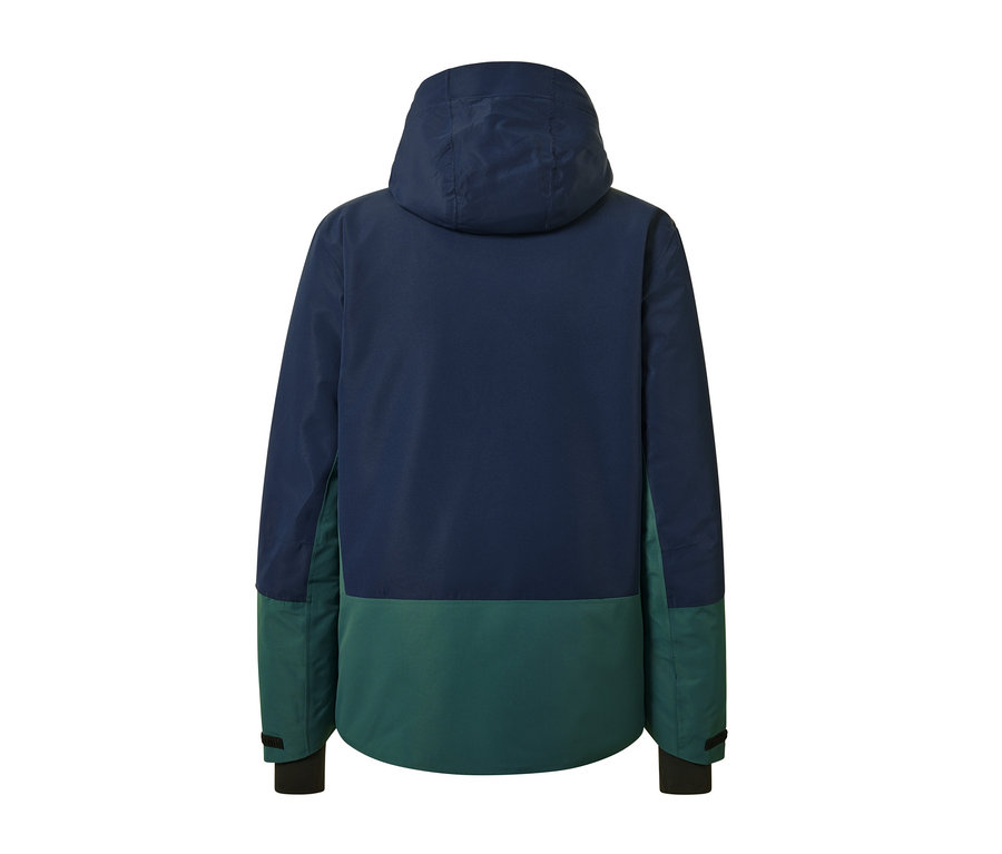 Detail zadnej strany modrozelenej lyžiarskej bundy.