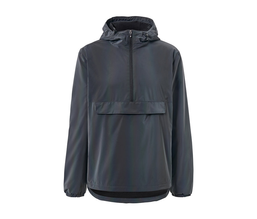 Sivá reflexná vetrovka Rainbow s kapucňou a klokaním vreckom.