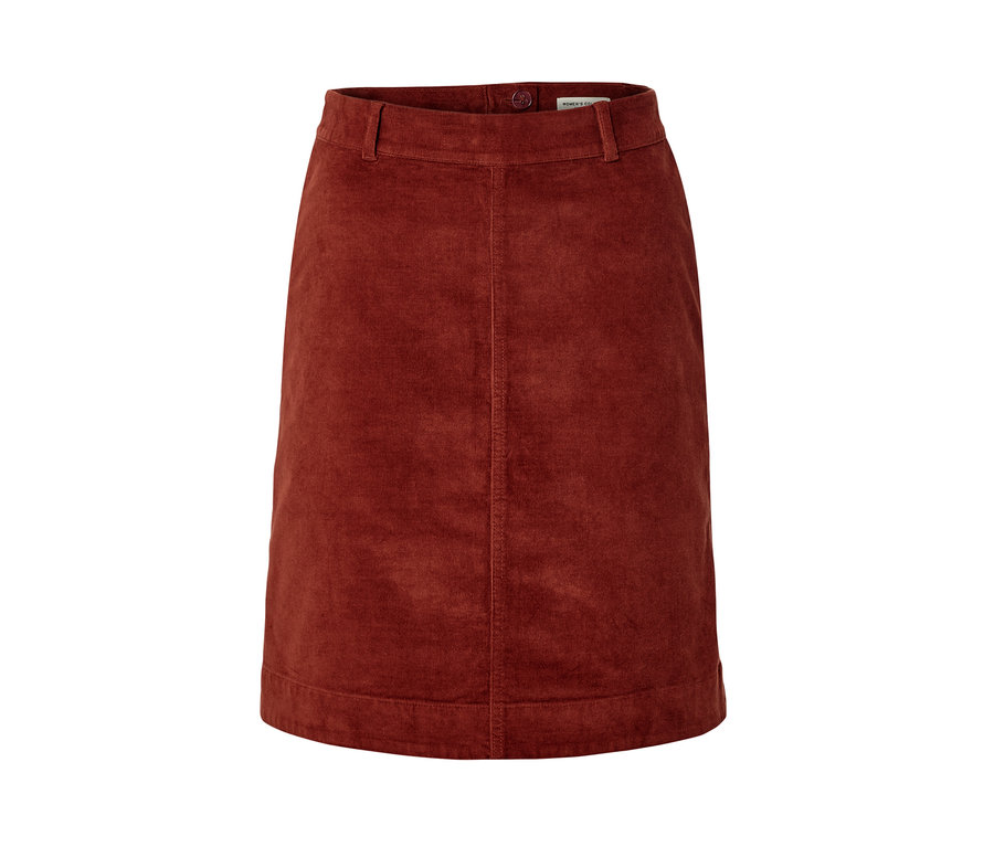 Detail hnedej menčestrovej sukne.