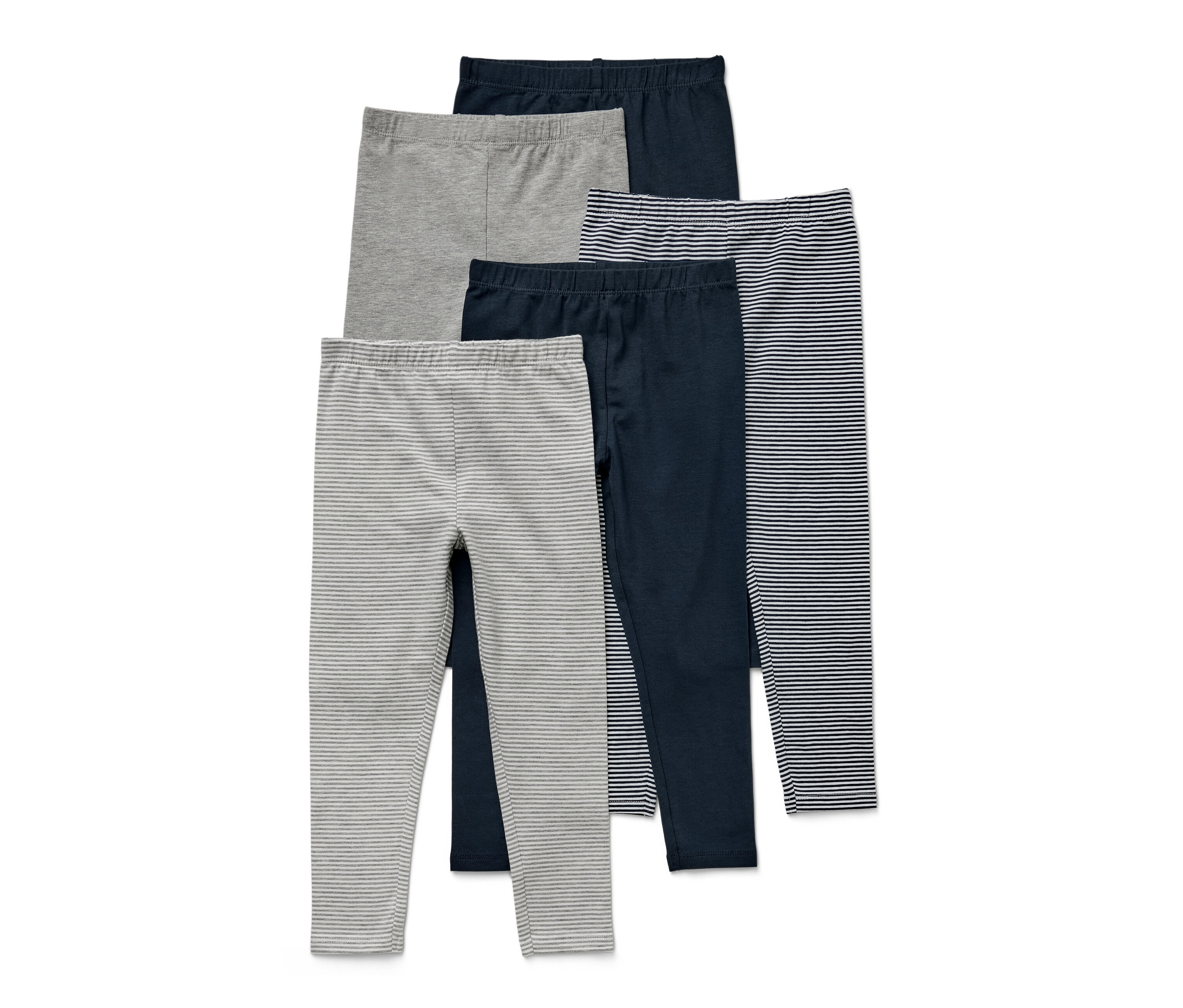 Päť detských legín rôznych farieb a vzorov.