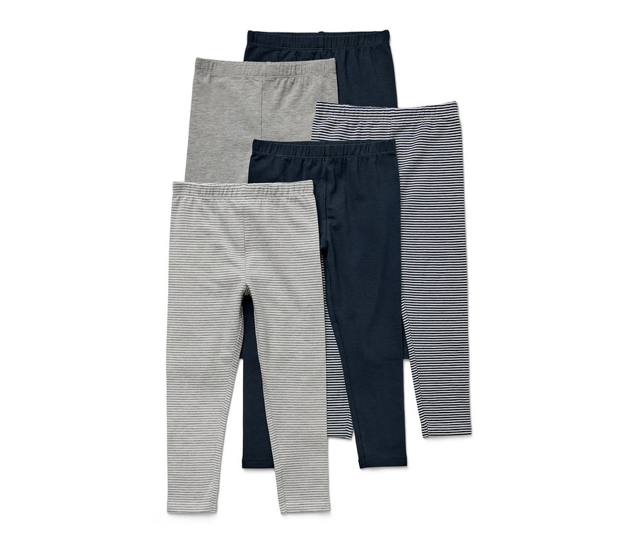 Päť detských legín rôznych farieb a vzorov.