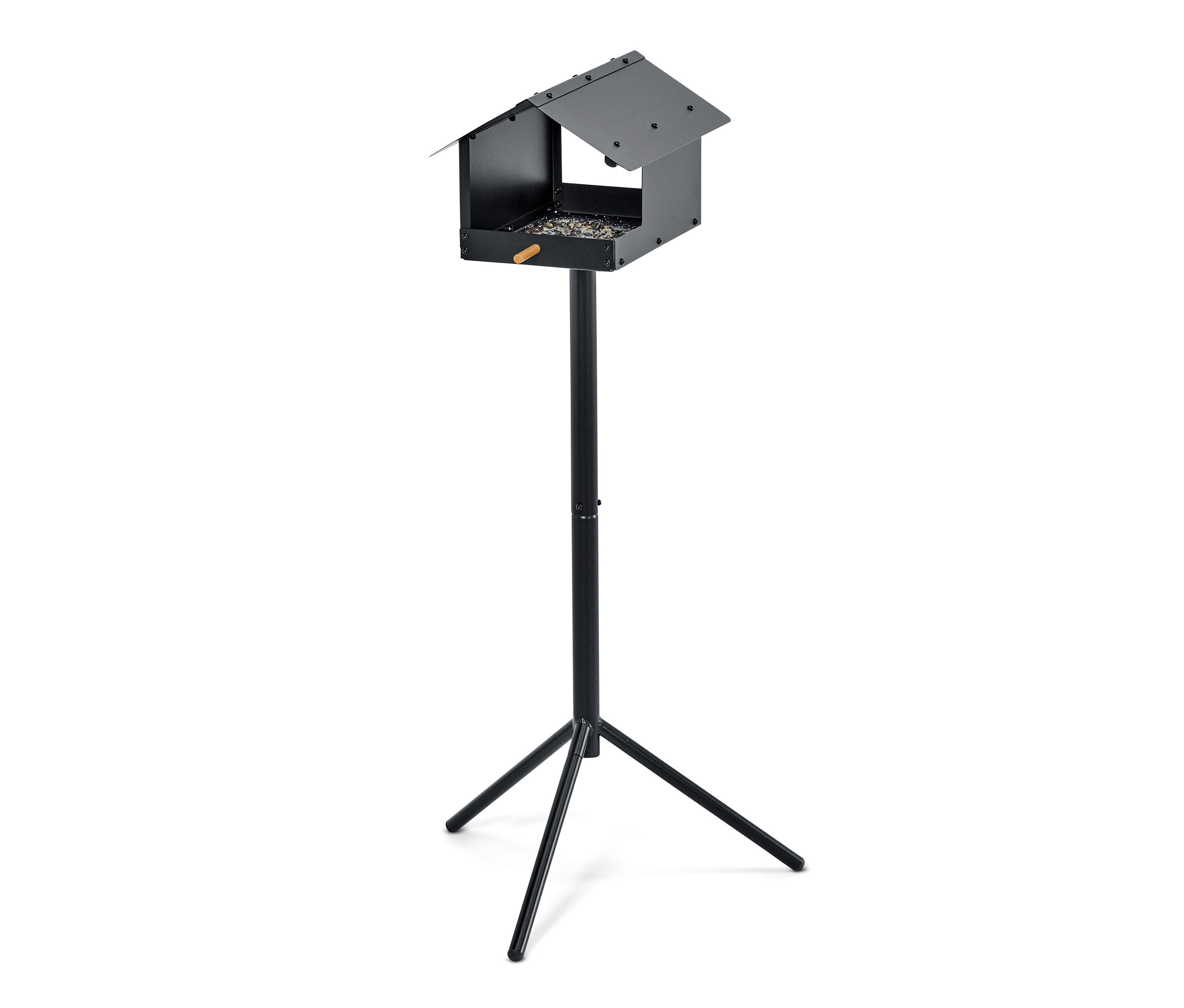 Čierne kŕmidlo pre vtáky vrátane stojana.