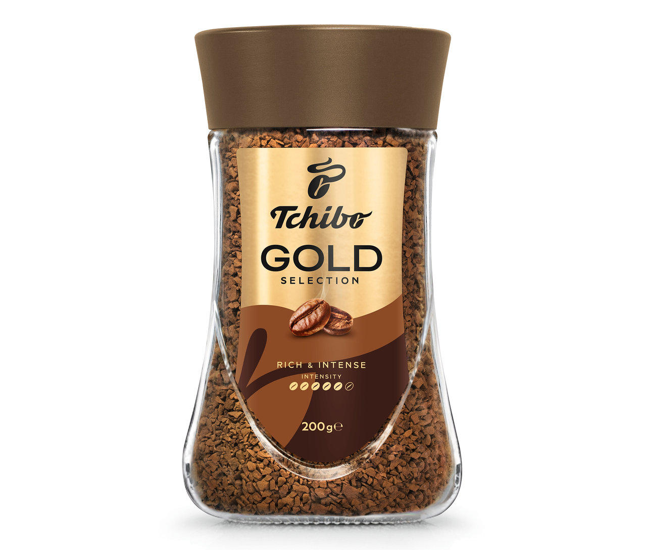 Pohár instantnej kávy Tchibo Gold Selection.