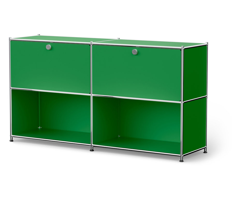 Zelená skrinka so štyrmi priehradkami a strieborným rámom.