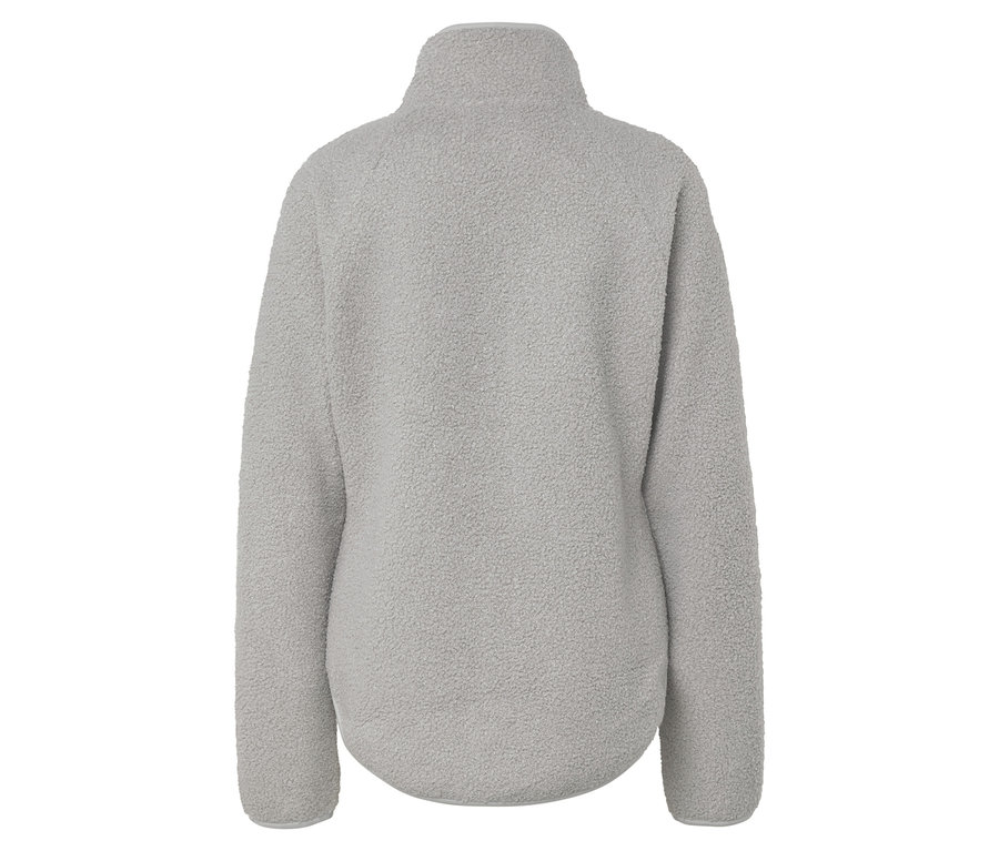 Pohľad zozadu na sivú flísovú mikinu so zipsom pri krku.
