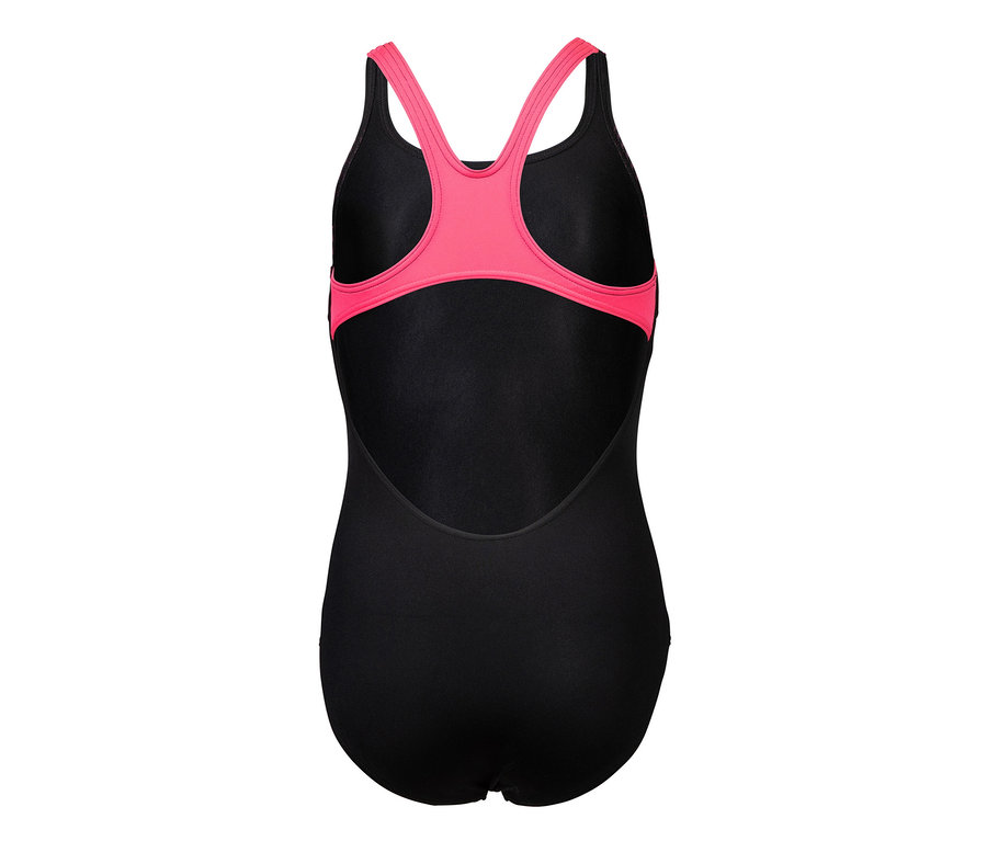 Čierny detský plavecký dres arena Performance Poseidonia Swim Pro Back s ružovými ramienkami a lemami, pohľad zozadu.