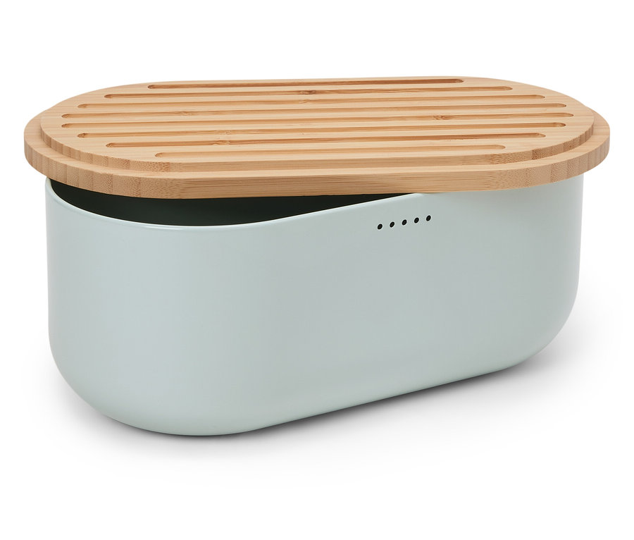 Svetlomodrá nádoba na chlieb s oválnym bambusovým vekom.
