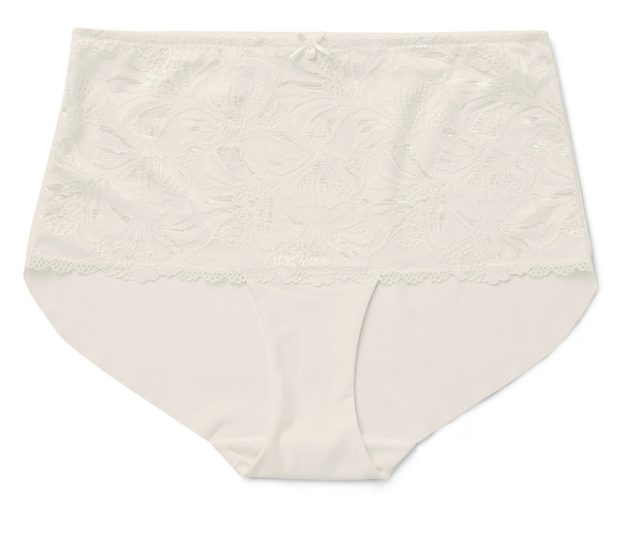 Béžové dámske nohavičky s kvetinovou čipkou a mašličkou v páse.