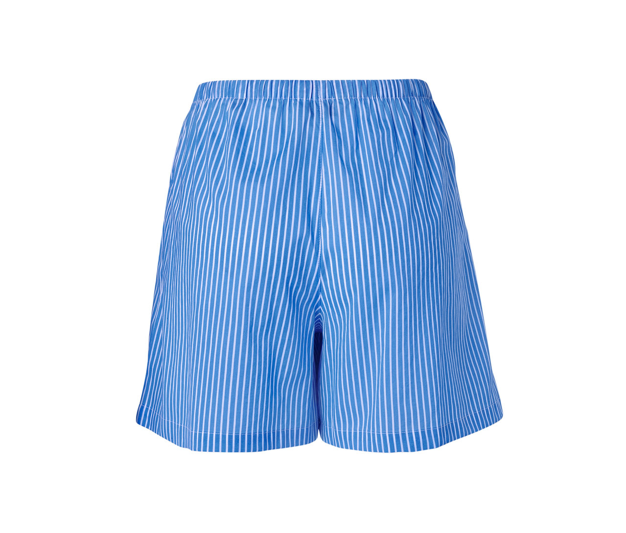 Modré tkané šortky s bielymi prúžkami.