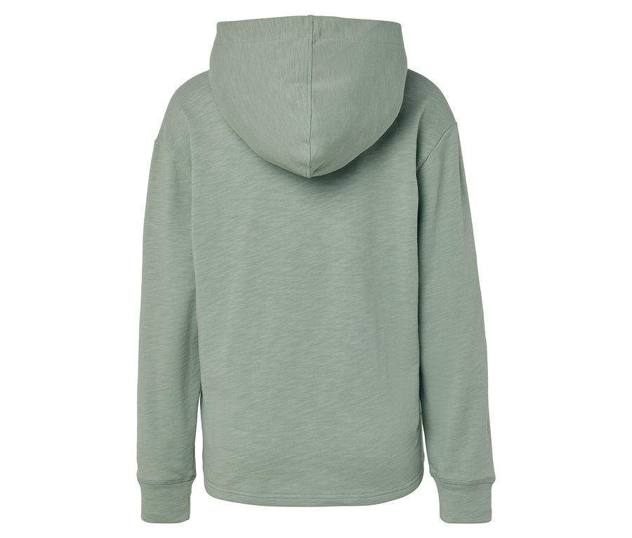 Pohľad zozadu na svetlozelenú mikinu s kapucňou a dlhými rukávmi.