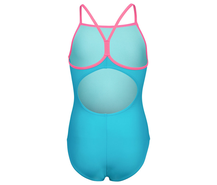 Pohľad zozadu na tyrkysové plavky s ružovými ramienkami.