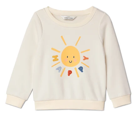 Krémová mikina s dizajnom žltej tváre slnka a nápisom "HAPPY".