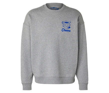 Sivá mikina Unisex Coffee Crew s modrou potlačou šálky kávy a nápisom Cheers.
