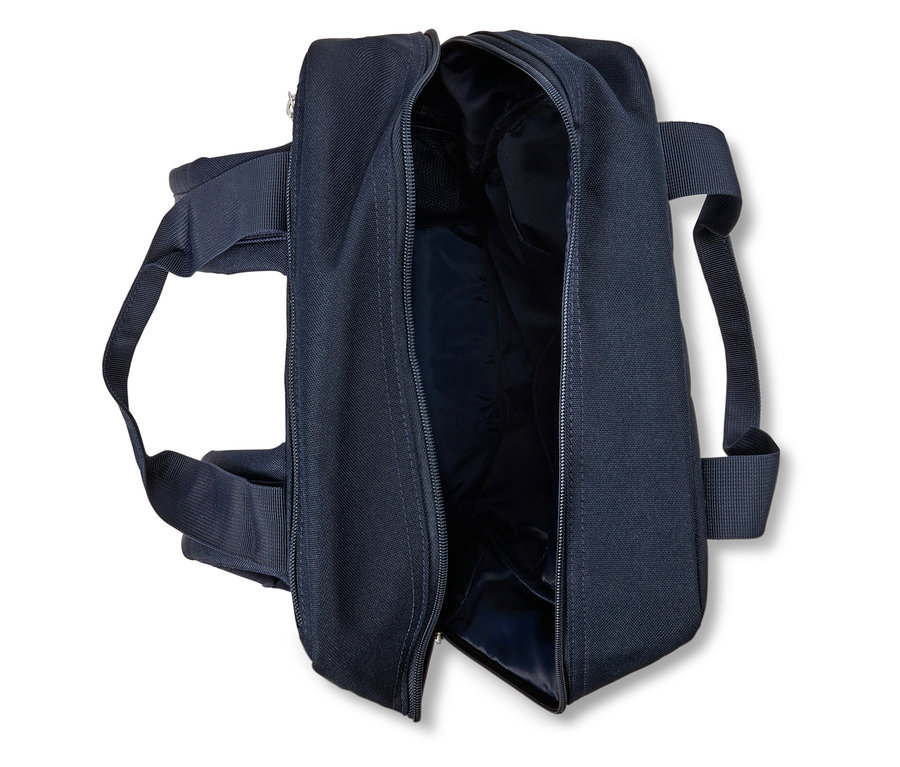 Tmavo modrá taška s otvoreným zipsom, viditeľná vnútorná podšívka.