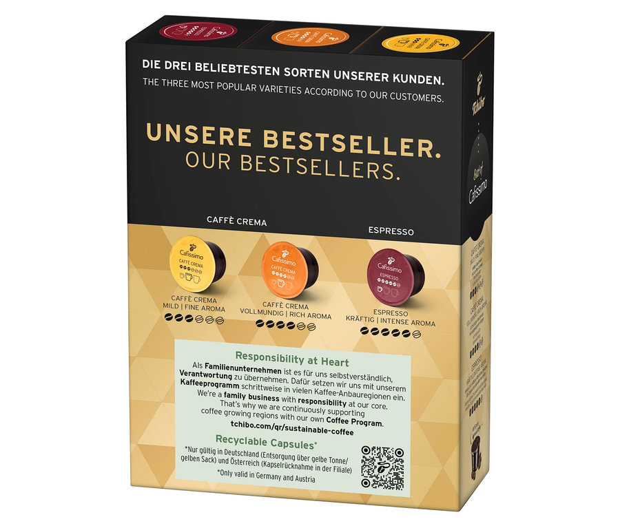 Balenie Cafissimo Best of Cafissimo 30 kapsúl s tromi príchuťami: Caffè Crema Mild Fine Aroma, Caffè Crema Vollmundig Rich Aroma a Espresso Kräftig Intense Aroma.
