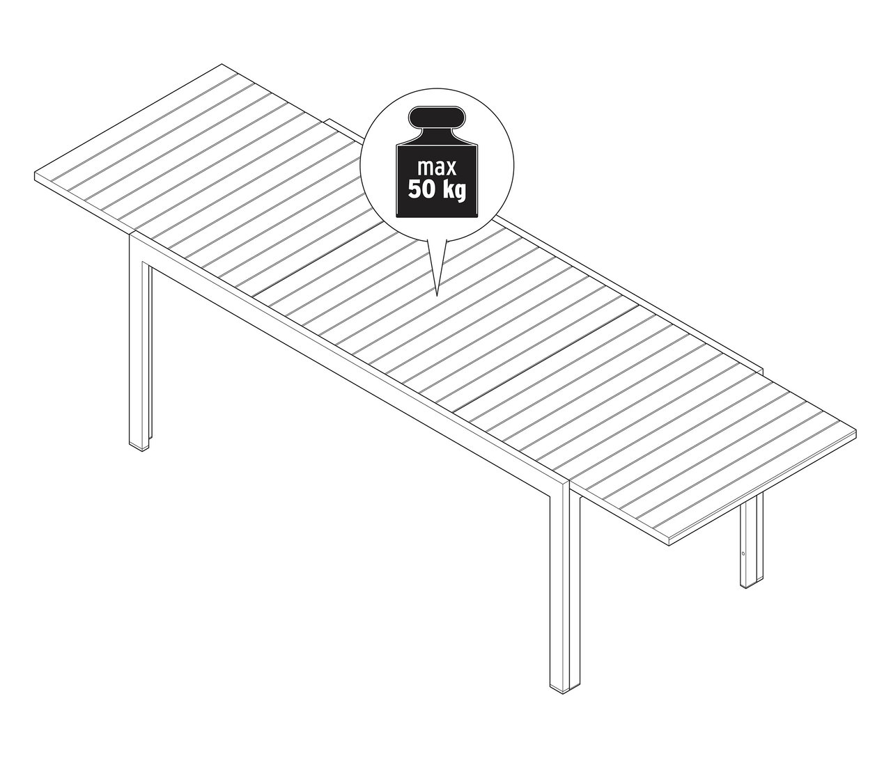 Pohľad zhora na rozťahovací hliníkový záhradný stôl »Liska«, cca 200 – 300 cm, s údajom o maximálnej hmotnosti 50 kg.