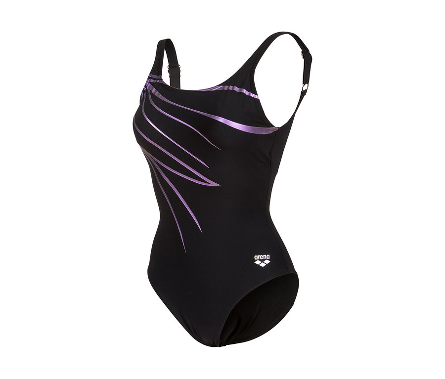 Čierne dámske plavky arena Shapewear Lili B-Cup s fialovými vlnitými líniami na hrudi.