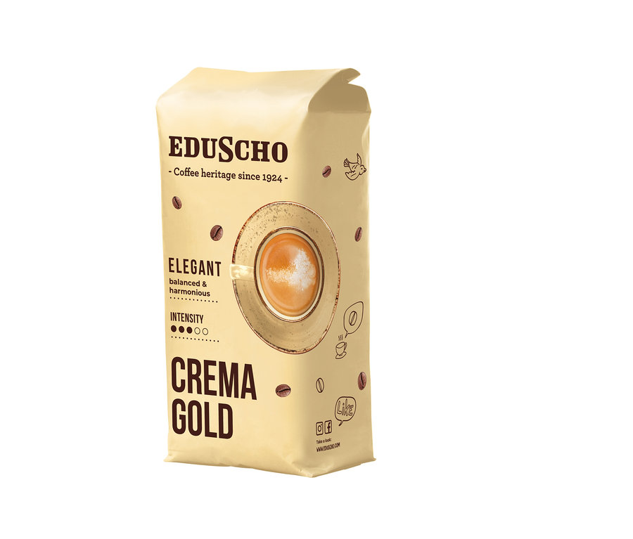 Svetlé balenie 1 kg zrnkovej kávy Eduscho Crema Gold s grafikou šálky kávy a kávových zŕn.