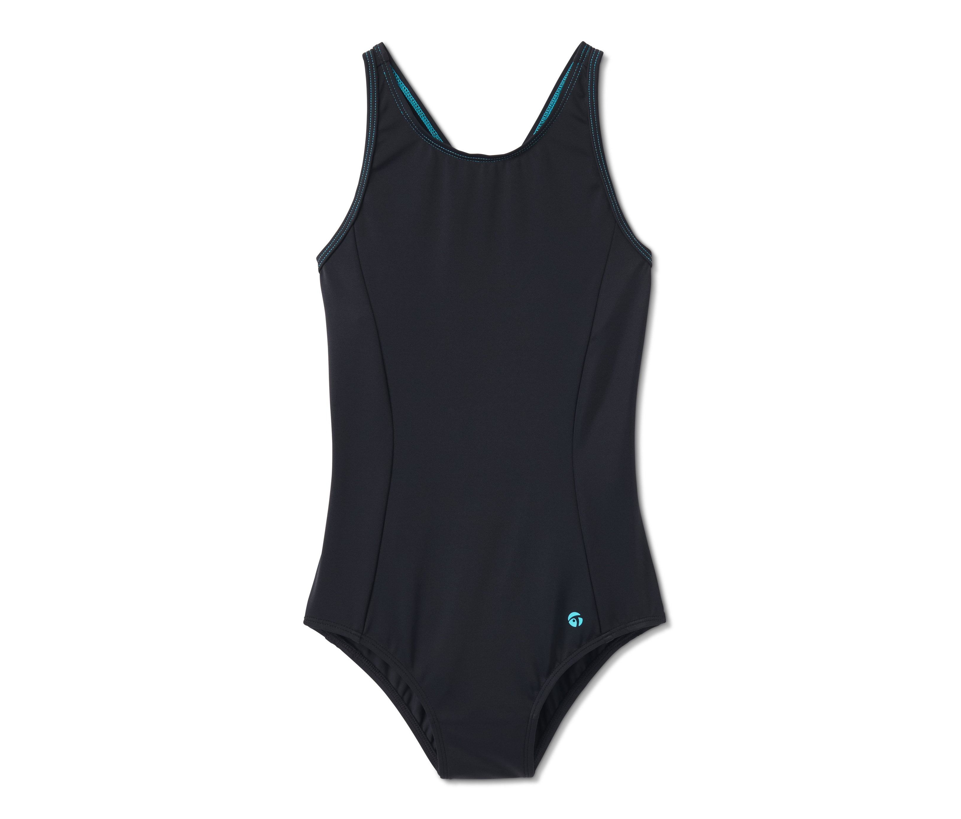 Čierne športové jednodielne plavky s recyklovaným materiálom.