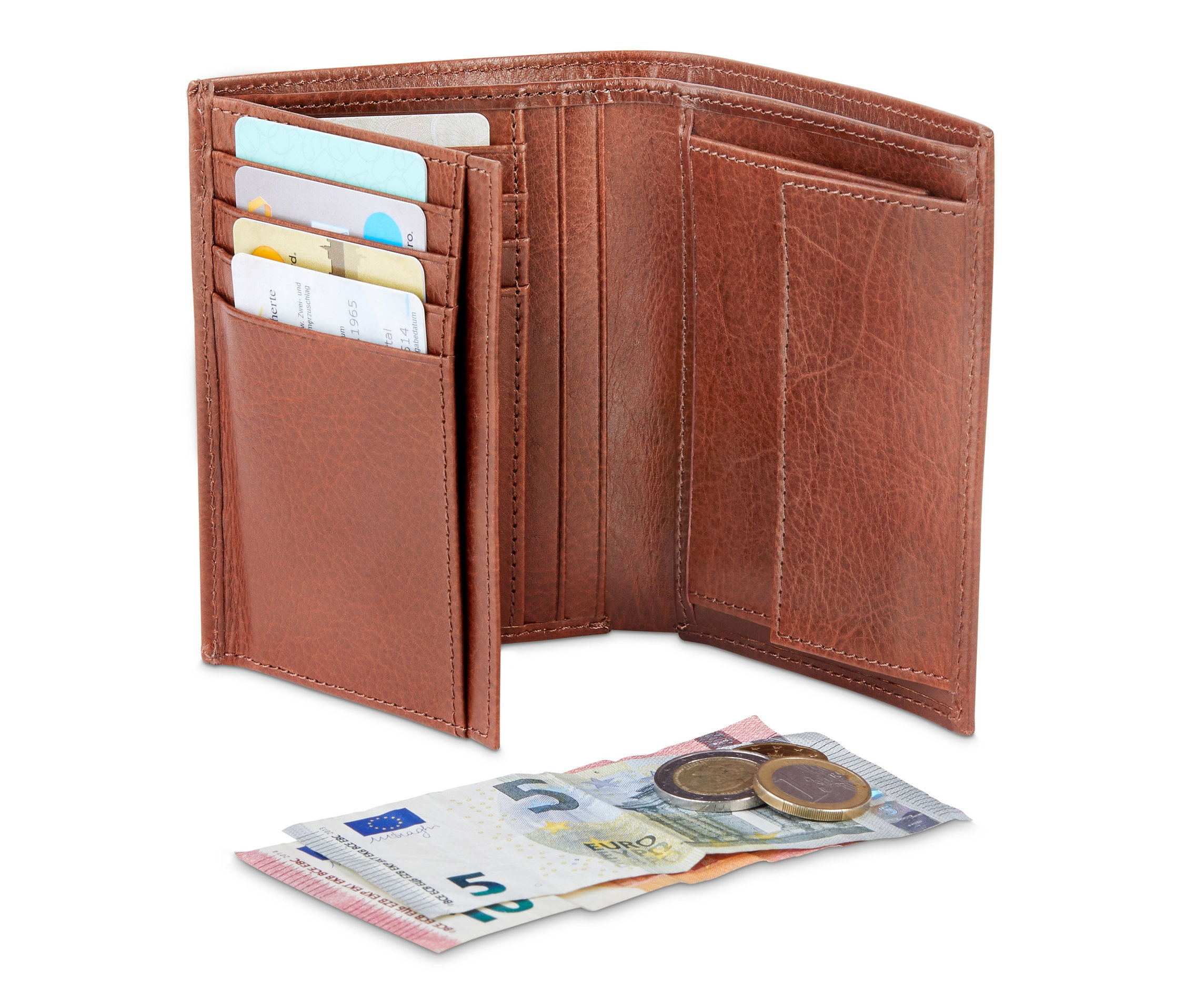 Otvorená kožená peňaženka hnedej farby s bankovkami a mincami.