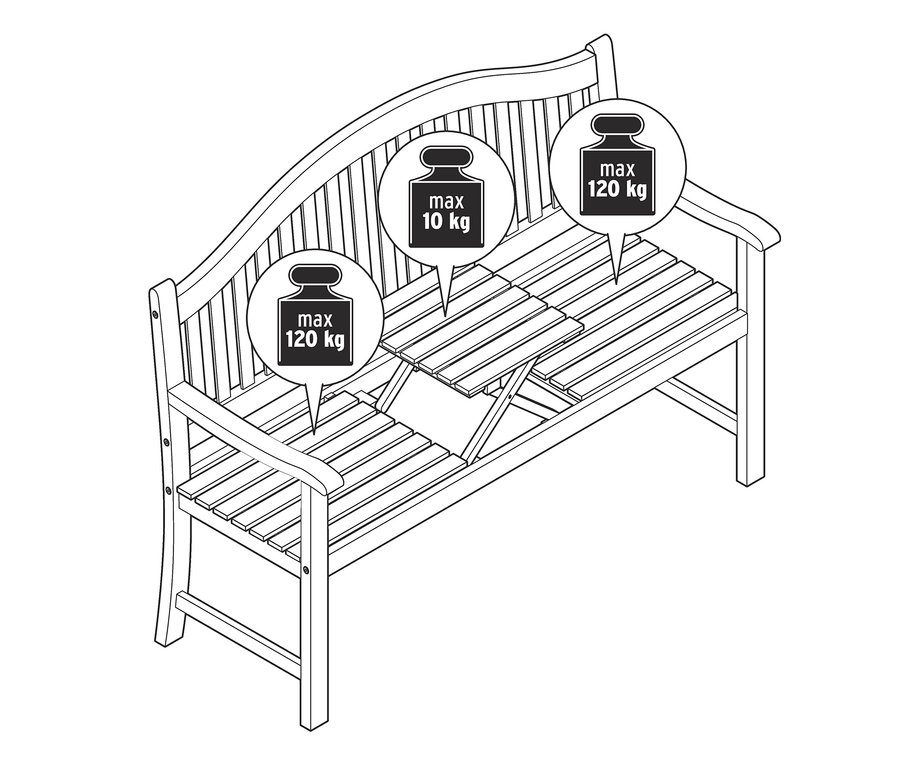 Nákres záhradnej lavice »Lenja« s výklopným odkladacím stolíkom a maximálnou nosnosťou 120 kg.